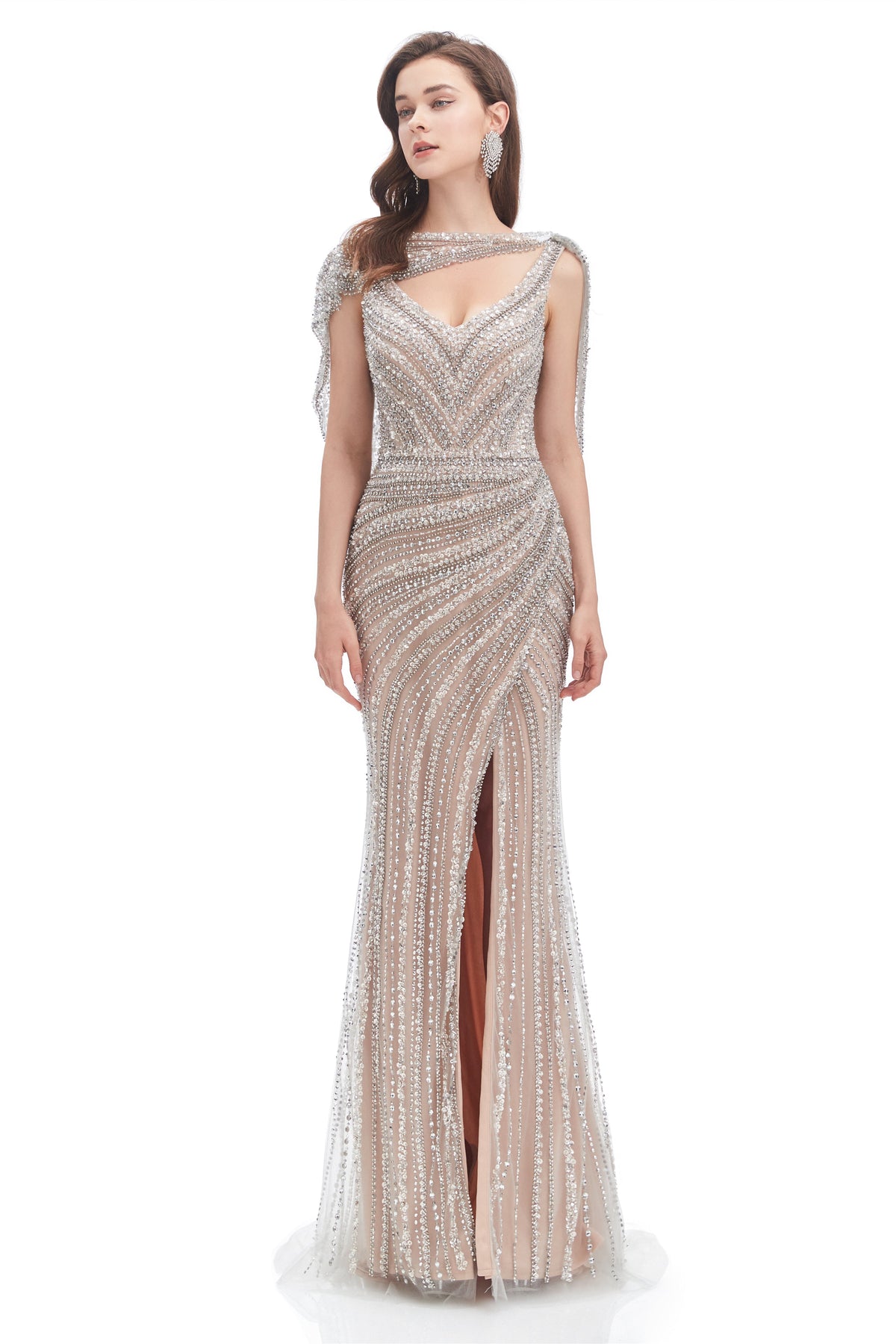 Mermaid V-Neck Sequined Beading With Shawl High Split Floor-Length Sleeveless Prom Dress