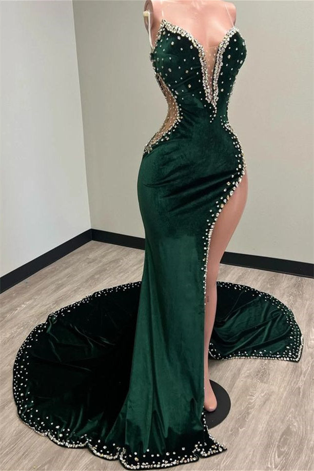Mermaid V-Neck Spaghetti strap Beaded High Split Floor-Length Sleeveless Prom Dress
