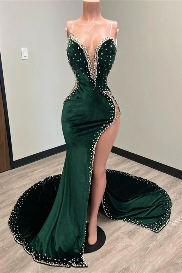 Mermaid V-Neck Spaghetti strap Beaded High Split Floor-Length Sleeveless Prom Dress
