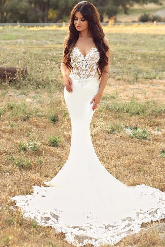 Mermaid V-Neck Spaghetti Strap Chapel Chiffon Crochet Flower Wedding Dress