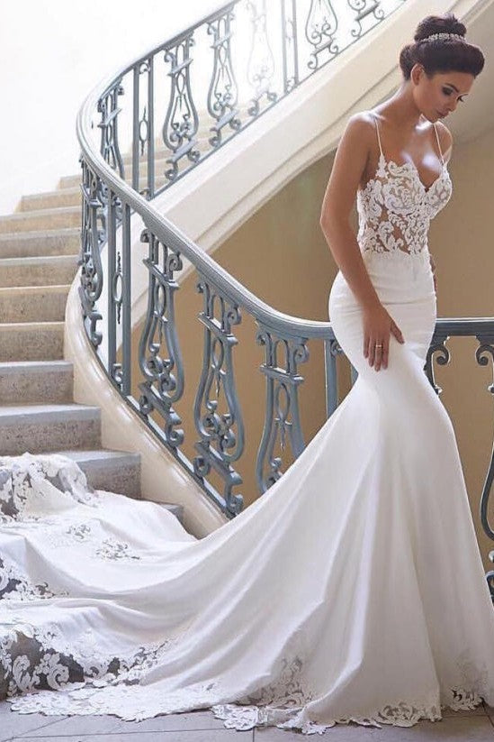 Mermaid V-Neck Spaghetti Strap Chapel Chiffon Crochet Flower Wedding Dress
