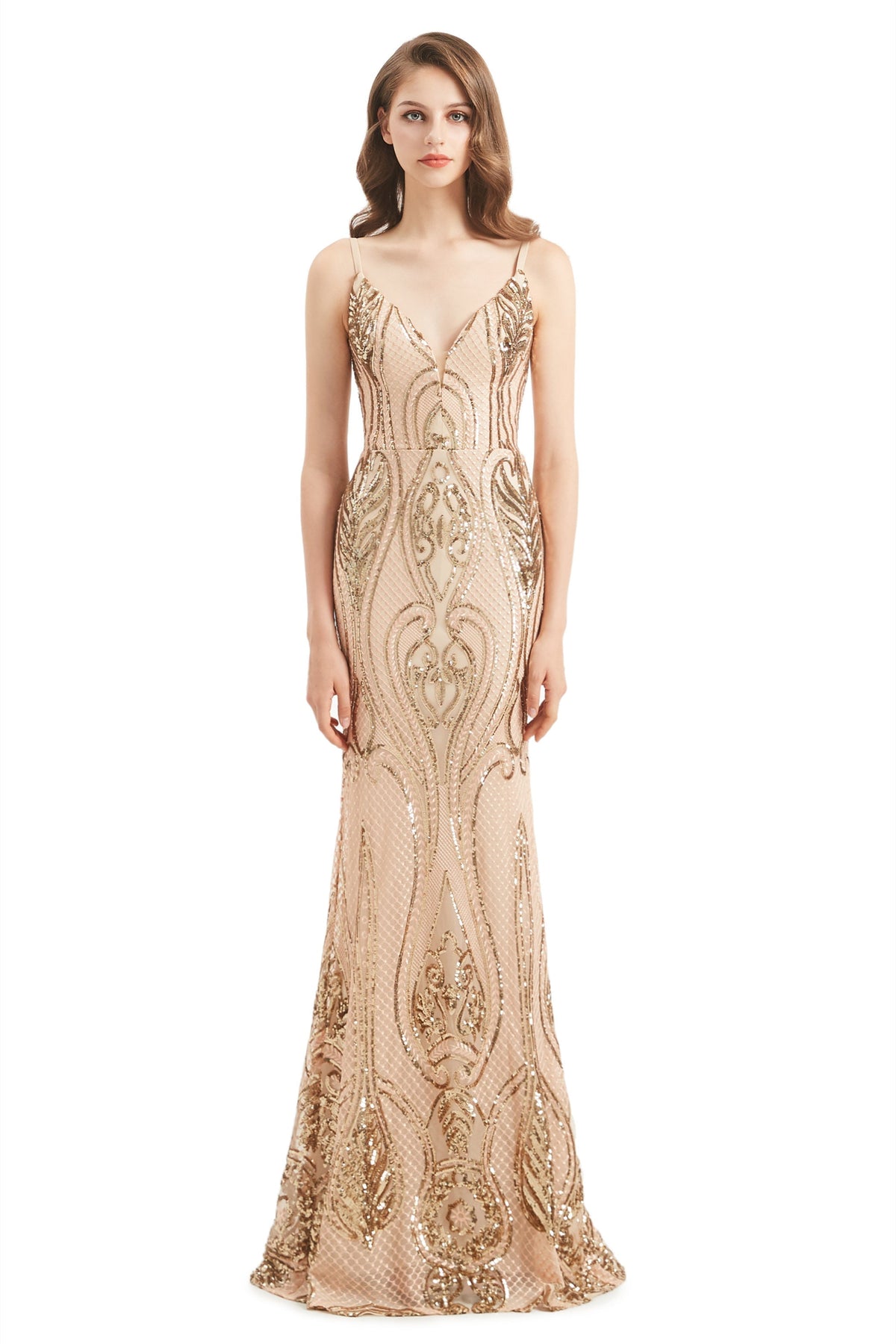 Mermaid V-Neck Spaghetti strap Lace Sequined Floor-Length Sleeveless Backless Prom Dress