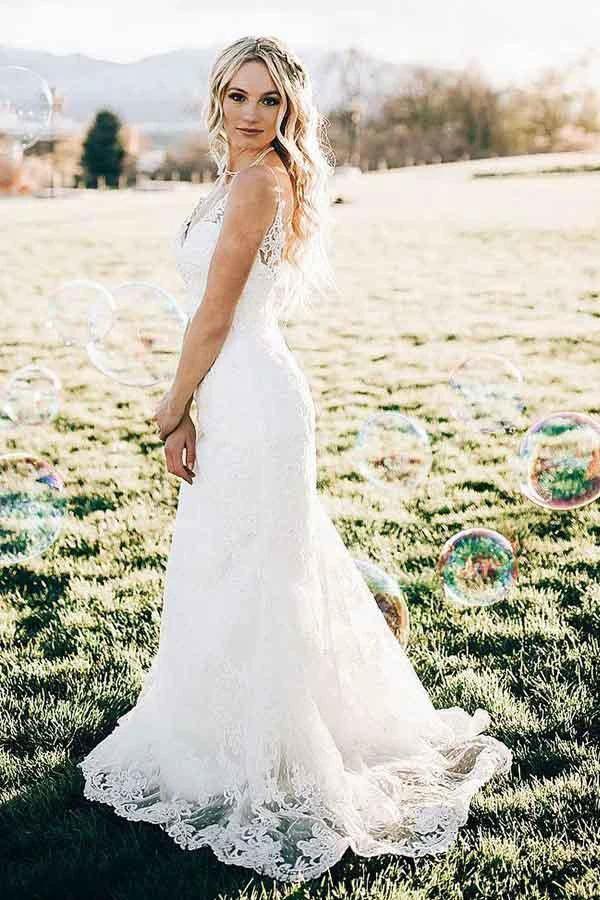Mermaid V-Neck Sweep Train Sleeveless Lace Wedding Dress (ZD15388) - View 2 | VelvetHem