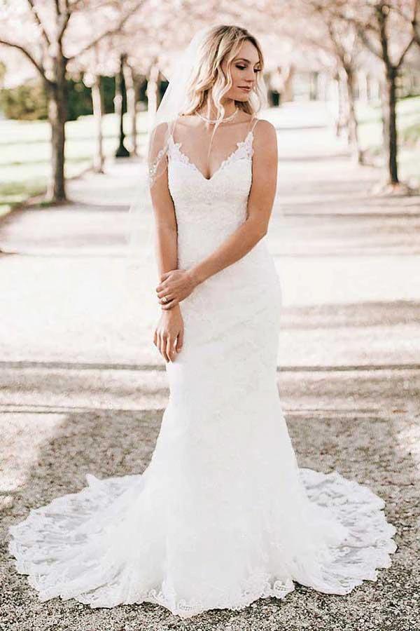 Mermaid V-Neck Sweep Train Sleeveless Lace Wedding Dress (ZD15388)