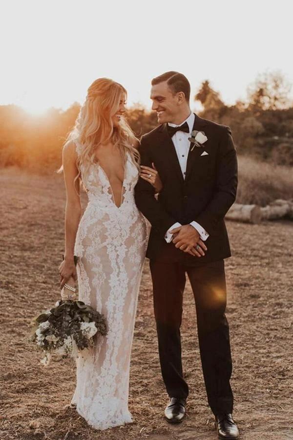 Mermaid/Trumpet Deep V-neck Lace Boho Wedding Dress Bridal Gown (ZD16001)