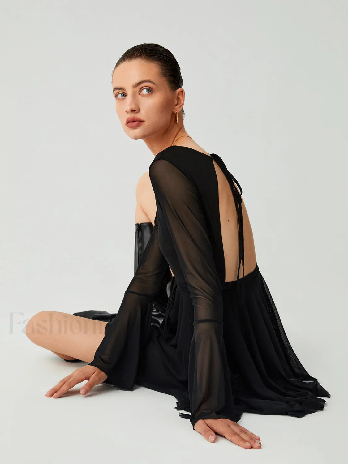 Mesh Flare Sleeve Trendy Open Back Short Dress