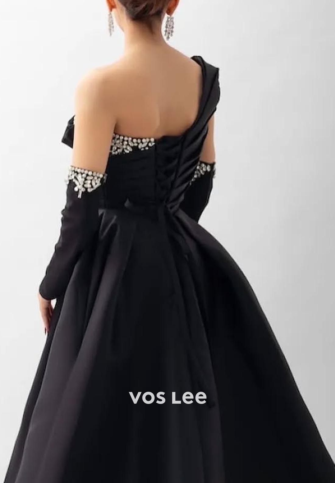 Black Ball Gown One Shoulder Beading Pleated Evening Formal Dresses
