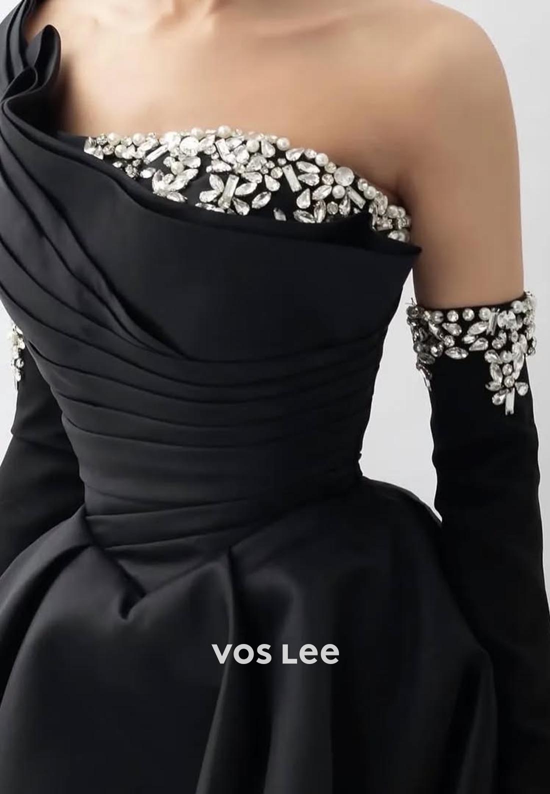 Black Ball Gown One Shoulder Beading Pleated Evening Formal Dresses
