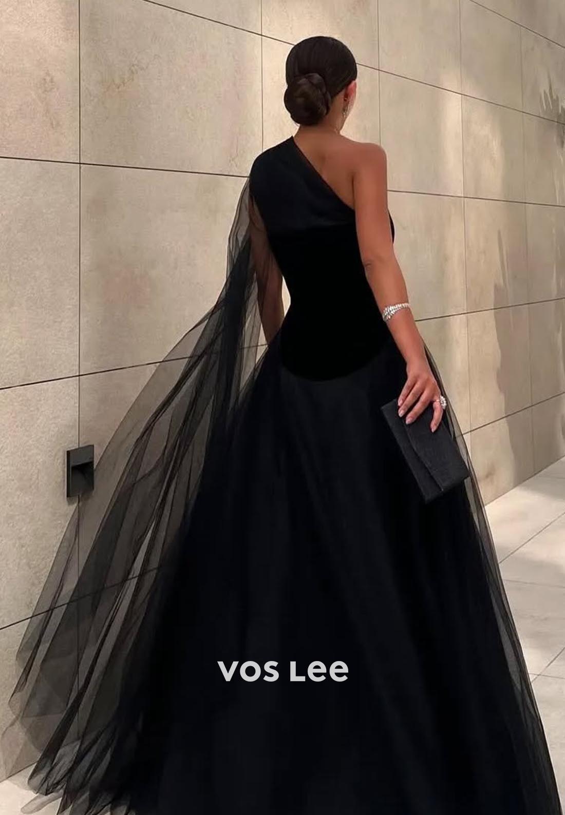 A-line Floor-Length One Shoulder Tulle Black Formal Evening Dresses