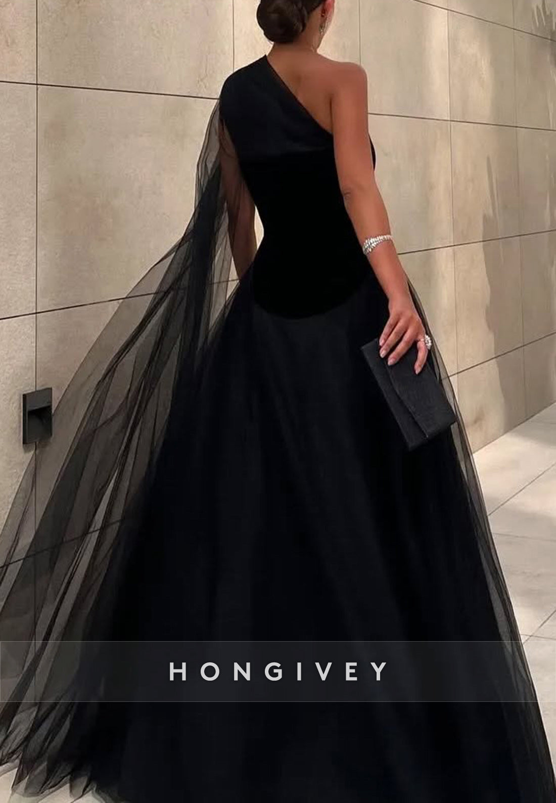 A-line Floor-Length One Shoulder Tulle Black Formal Evening Dresses