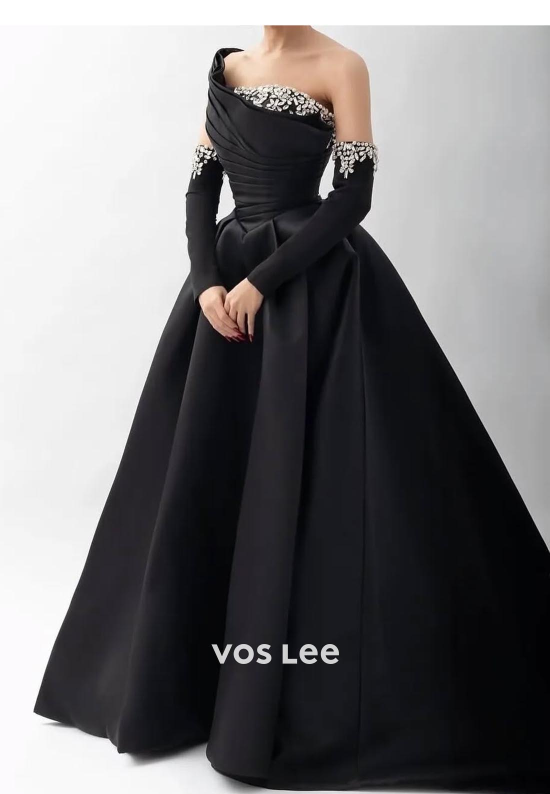 Black Ball Gown One Shoulder Beading Pleated Evening Formal Dresses