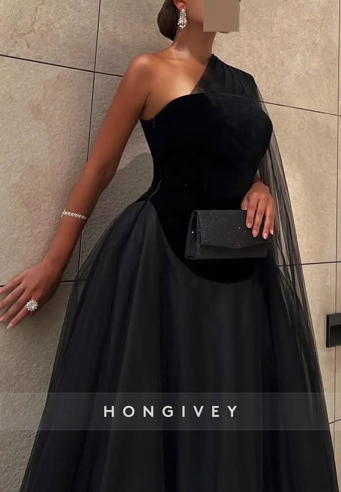 A-line Floor-Length One Shoulder Tulle Black Formal Evening Dresses