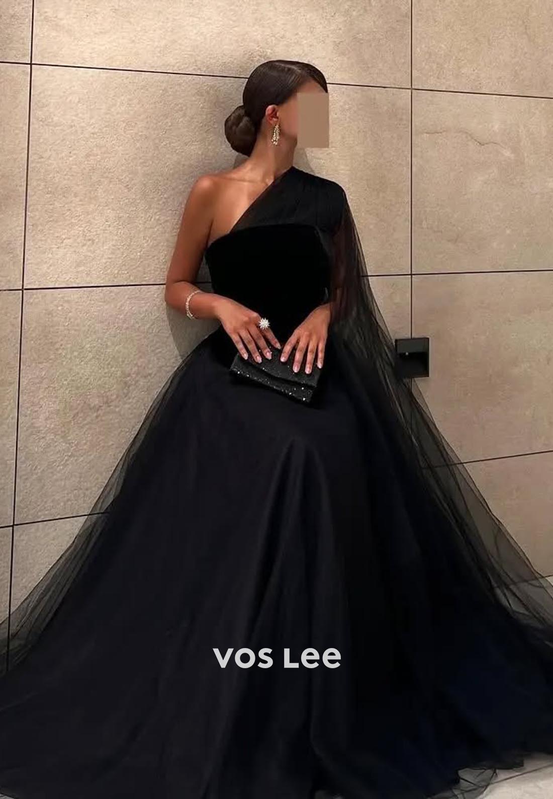 A-line Floor-Length One Shoulder Tulle Black Formal Evening Dresses
