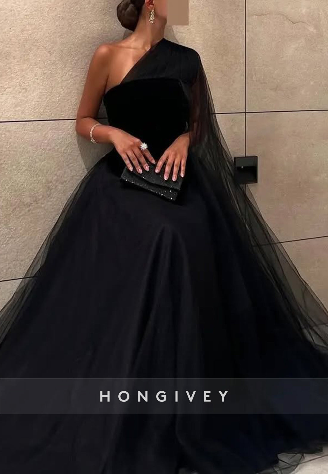 A-line Floor-Length One Shoulder Tulle Black Formal Evening Dresses