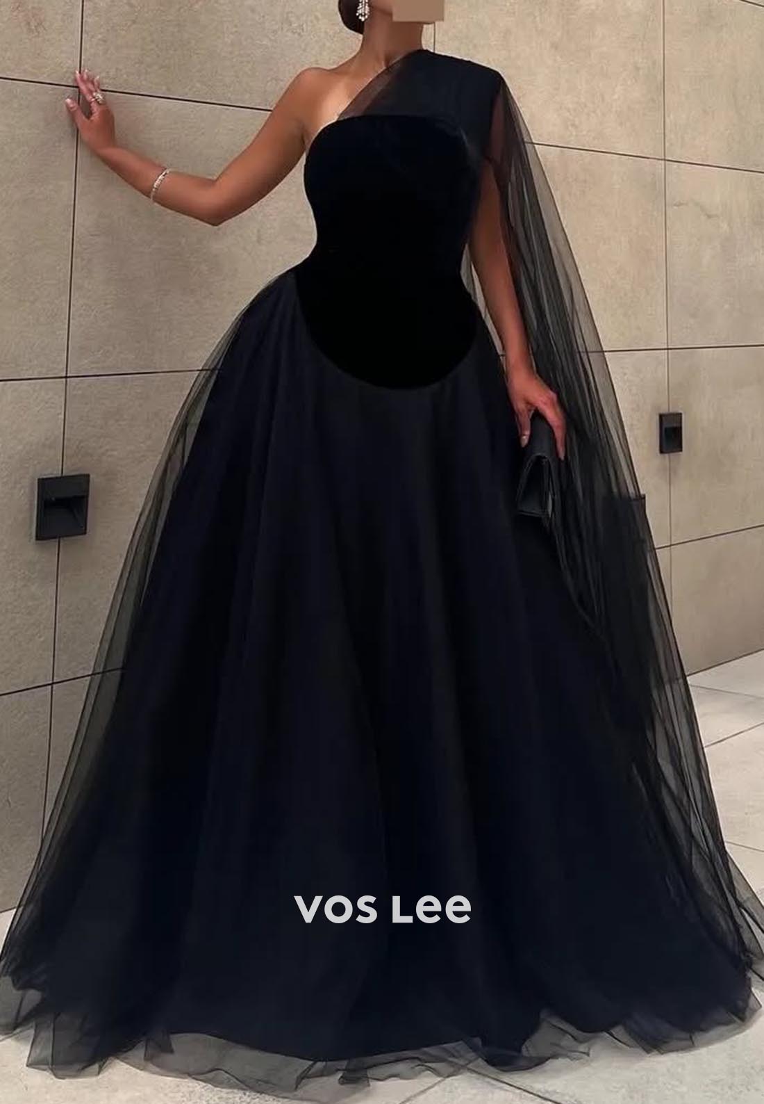 A-line Floor-Length One Shoulder Tulle Black Formal Evening Dresses