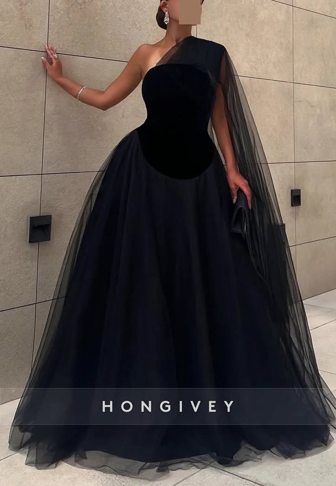 A-line Floor-Length One Shoulder Tulle Black Formal Evening Dresses