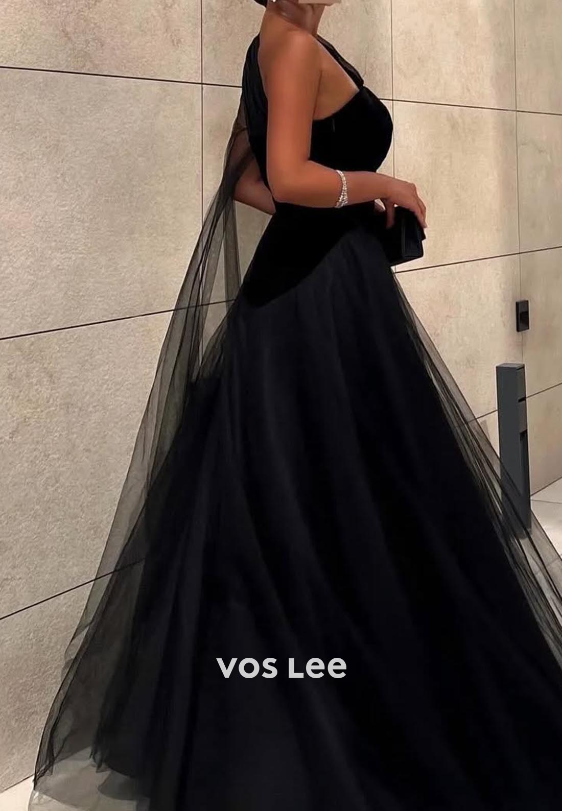 A-line Floor-Length One Shoulder Tulle Black Formal Evening Dresses