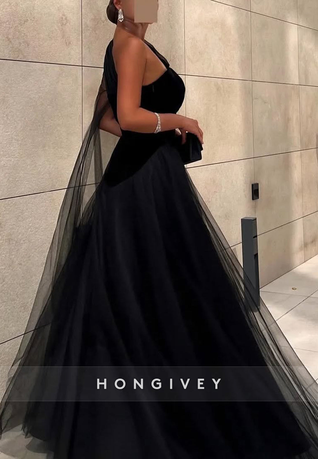 A-line Floor-Length One Shoulder Tulle Black Formal Evening Dresses