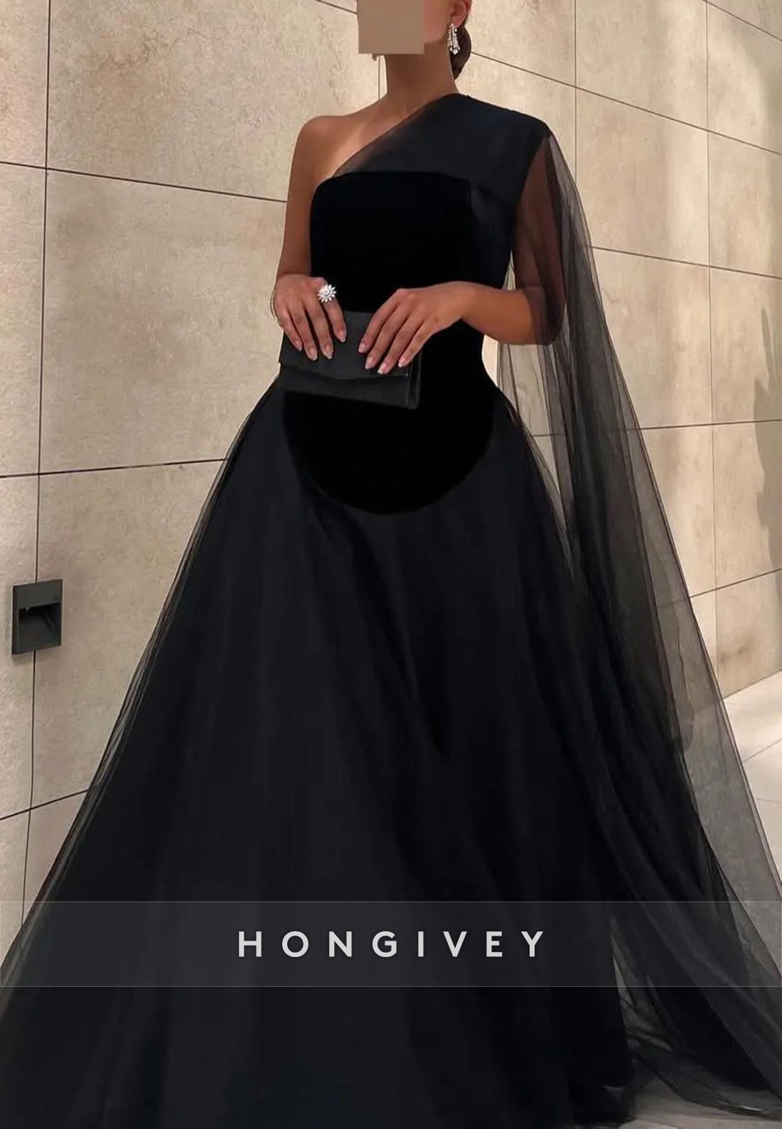 A-line Floor-Length One Shoulder Tulle Black Formal Evening Dresses