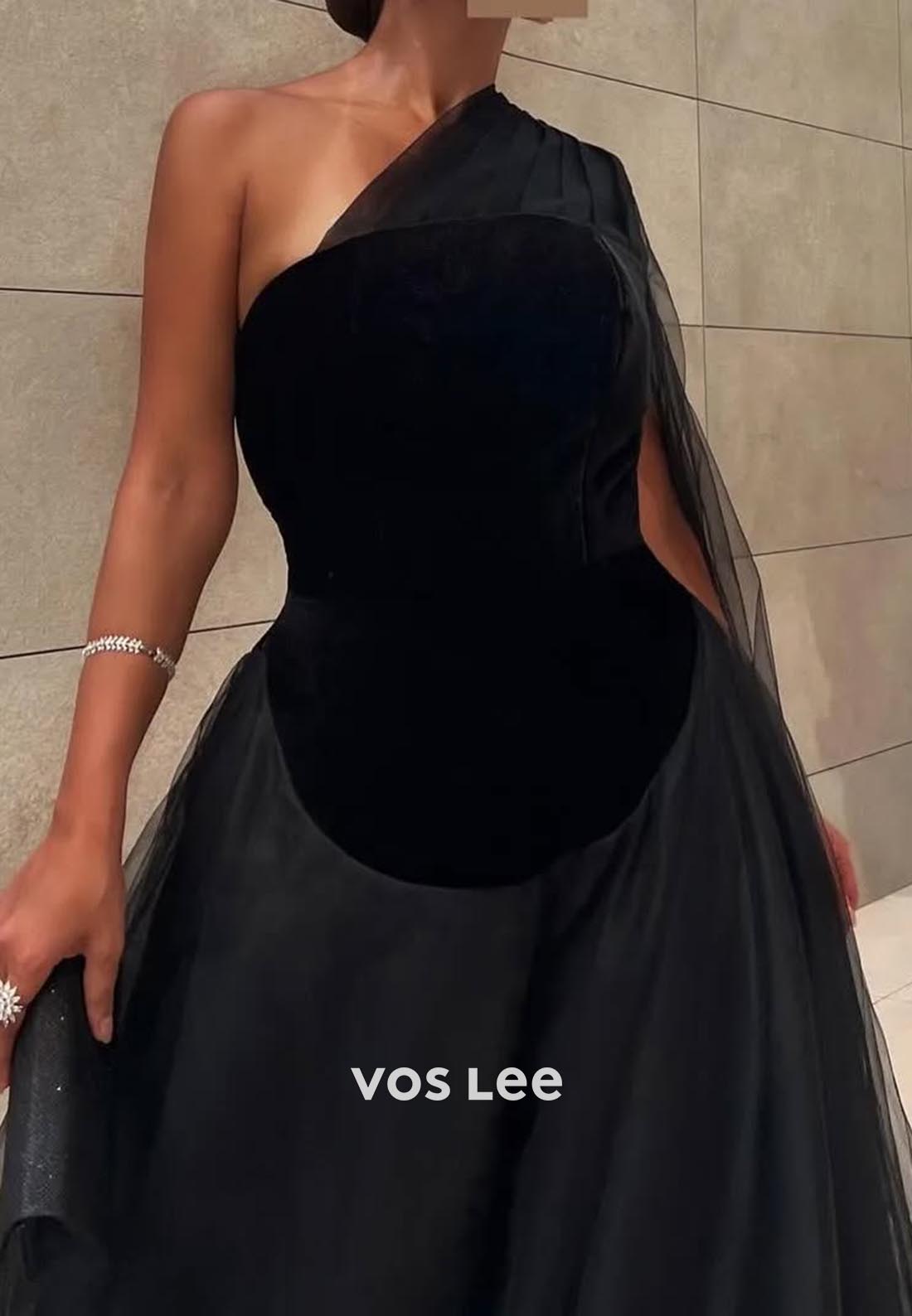 A-line Floor-Length One Shoulder Tulle Black Formal Evening Dresses