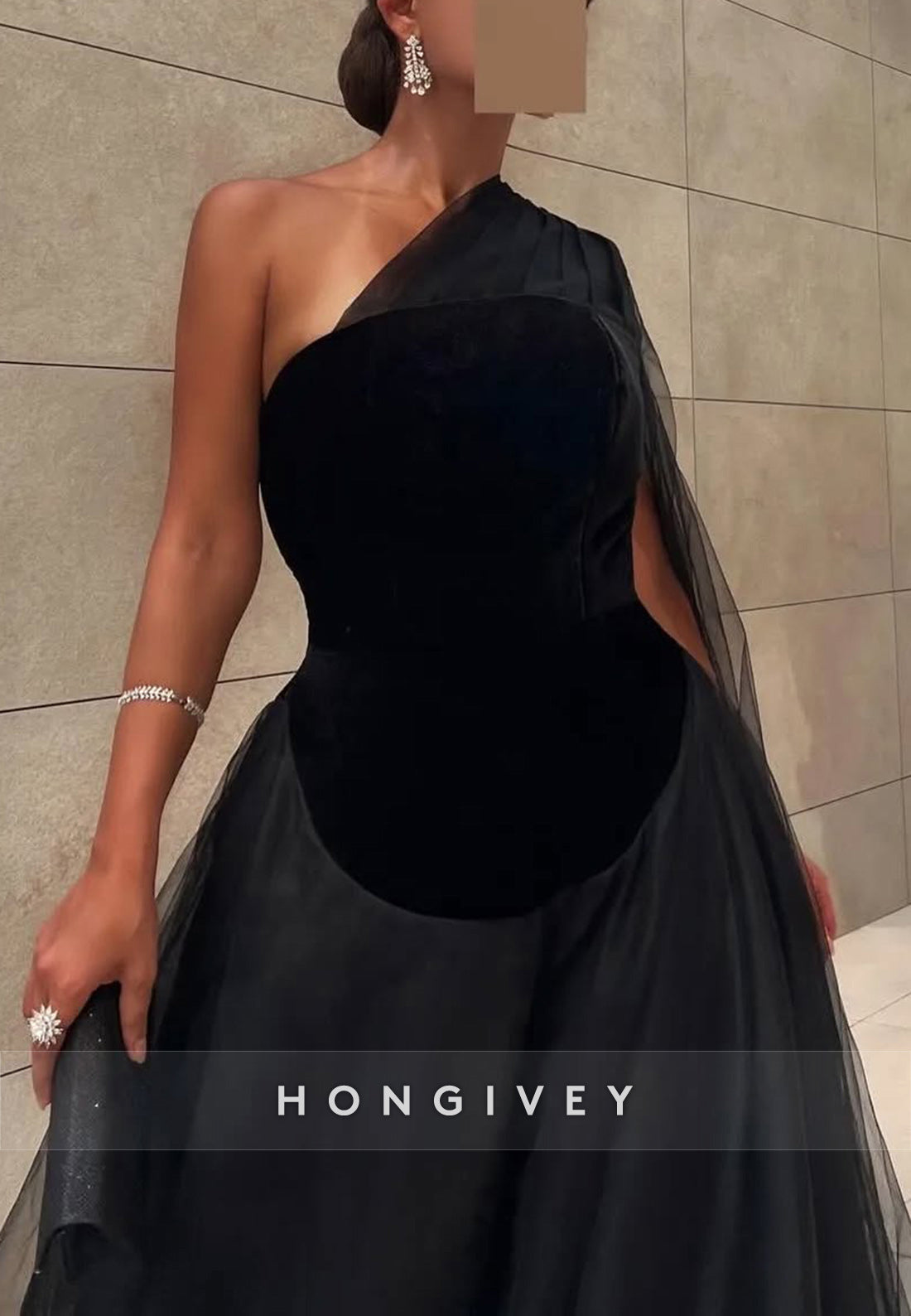 A-line Floor-Length One Shoulder Tulle Black Formal Evening Dresses