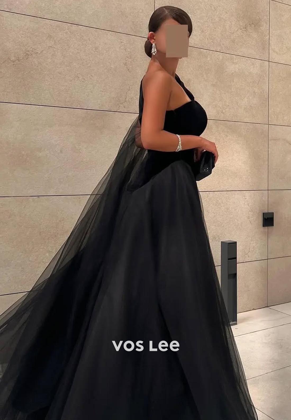 A-line Floor-Length One Shoulder Tulle Black Formal Evening Dresses