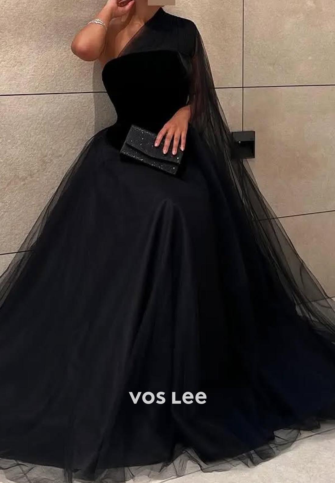 A-line Floor-Length One Shoulder Tulle Black Formal Evening Dresses