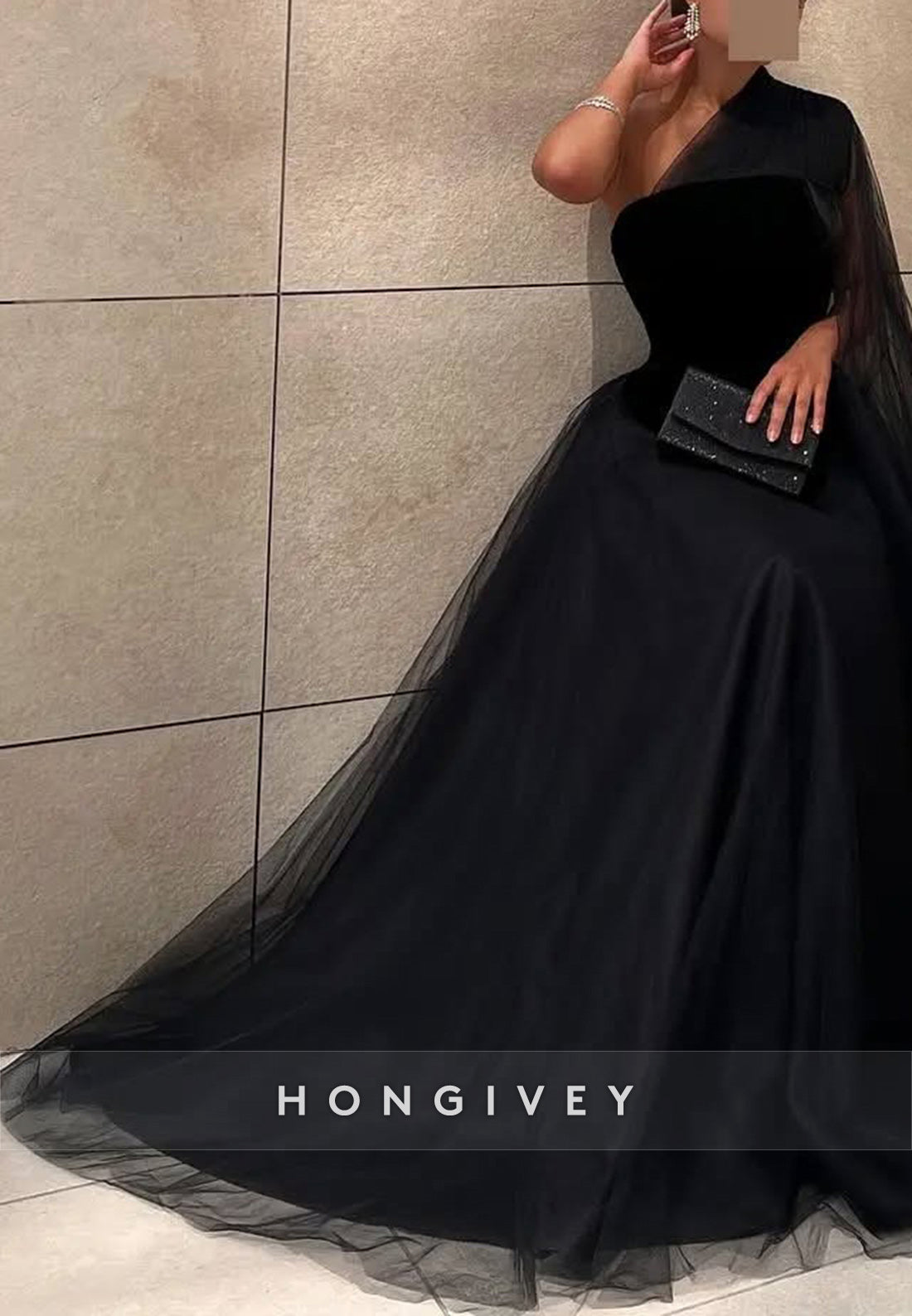 A-line Floor-Length One Shoulder Tulle Black Formal Evening Dresses