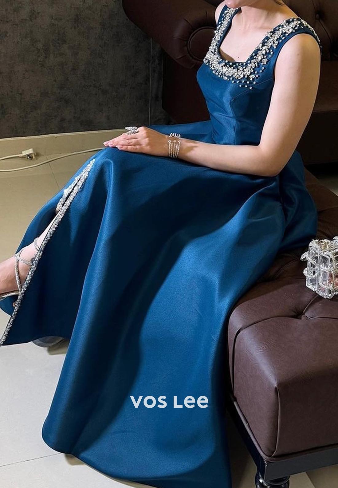 Blue Square SplitSatin Beading Cap Sleeves Formal Evening Dresses