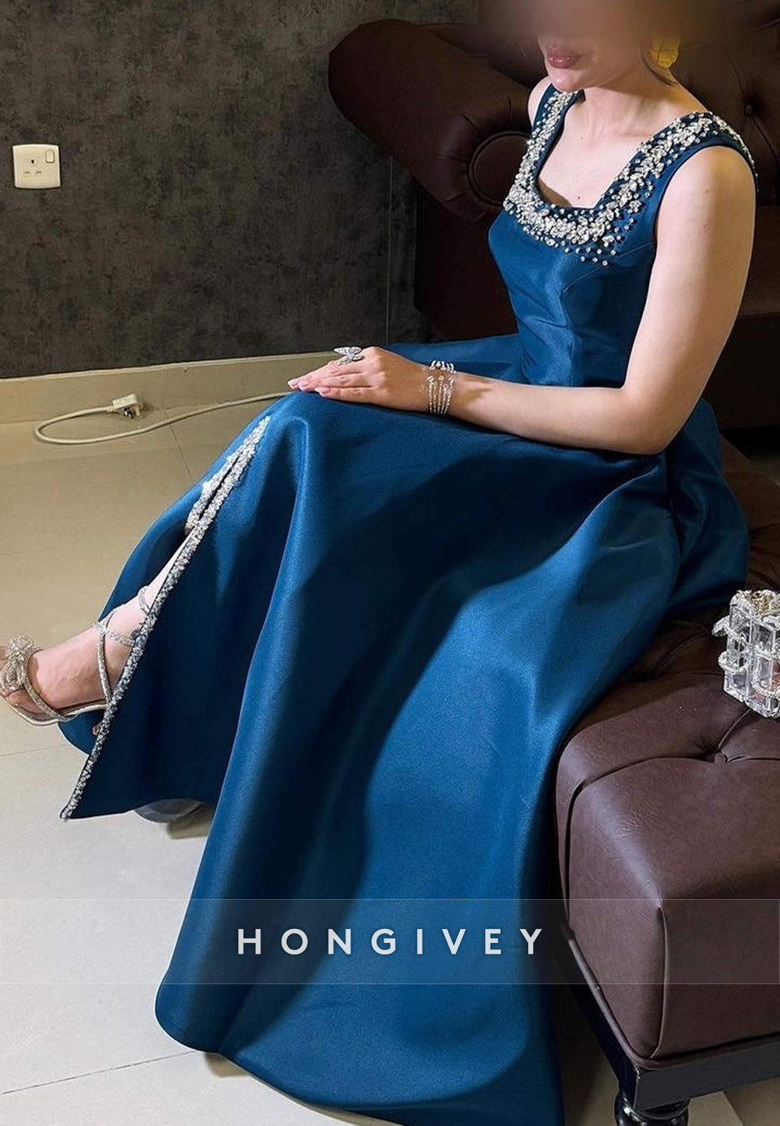 Blue Square SplitSatin Beading Cap Sleeves Formal Evening Dresses