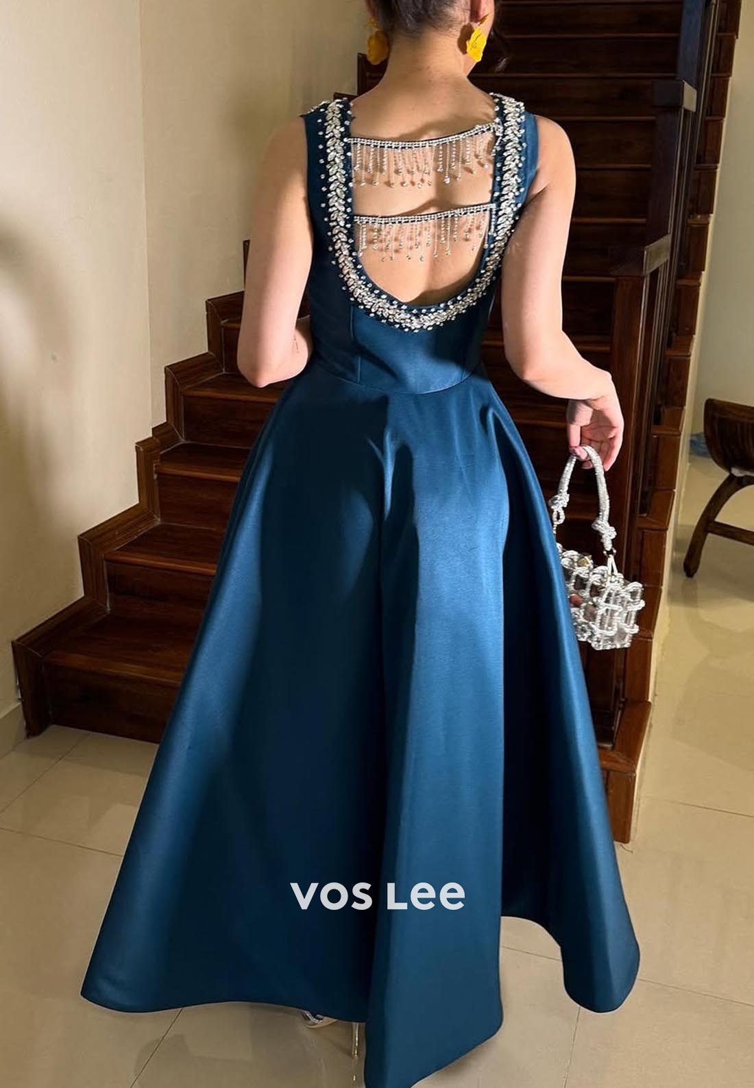 Blue Square SplitSatin Beading Cap Sleeves Formal Evening Dresses