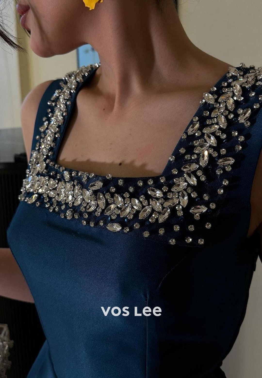 Blue Square SplitSatin Beading Cap Sleeves Formal Evening Dresses
