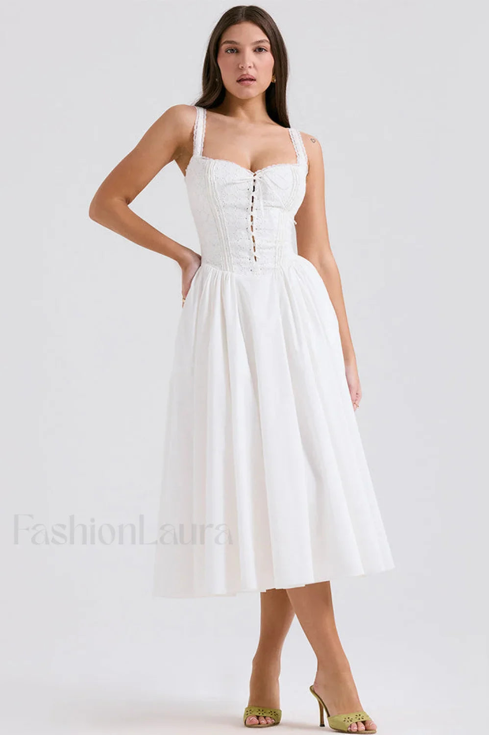 Milia White Stylish Brogue Cotton Dress S / White