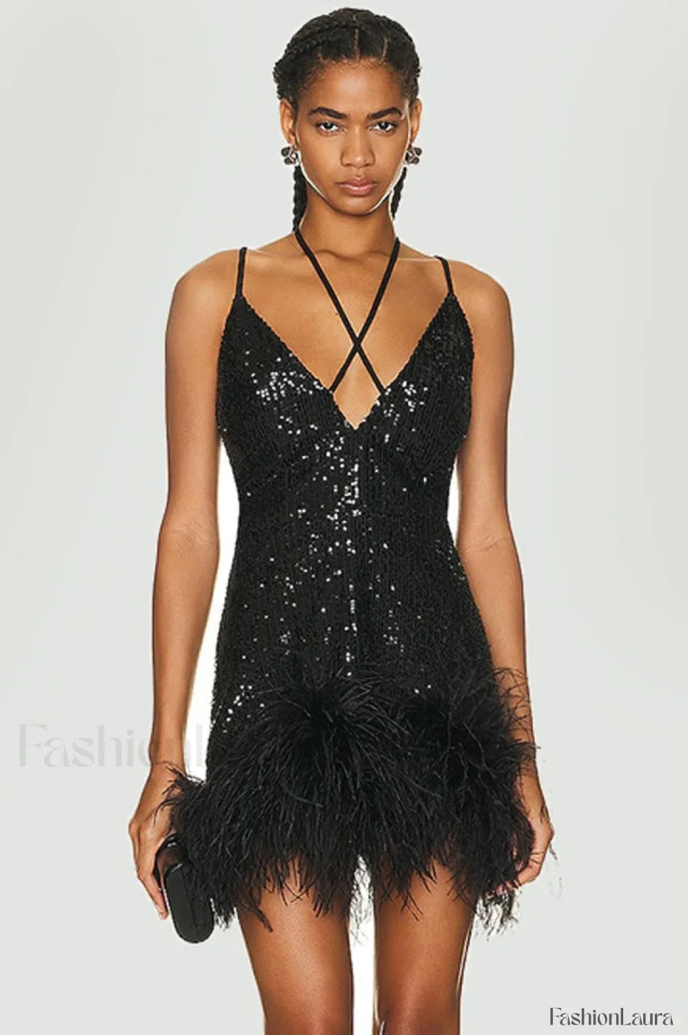 Mini Sequin Dress Charming With Feather Trim