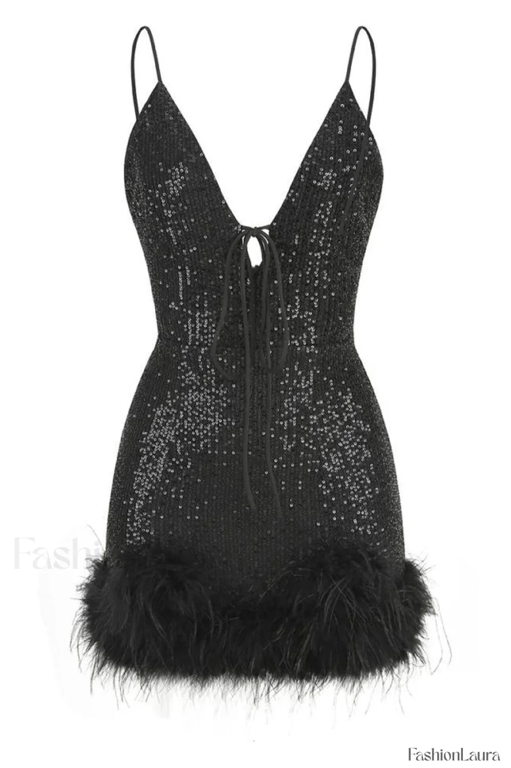 Mini Sequin Dress Charming With Feather Trim