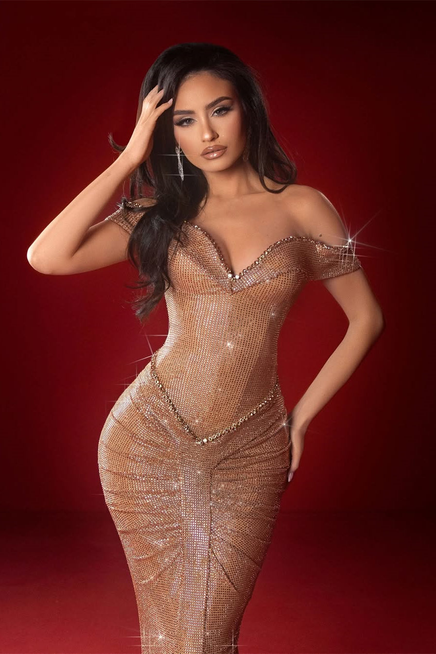 Minimalist V-Neck Off-The-Shoulder Mermaid Prom Dresses Sheath Gem With Pleats
