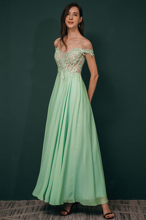 Mint Green Chiffon See-through Off-the-shoulder Lace Evening Dress