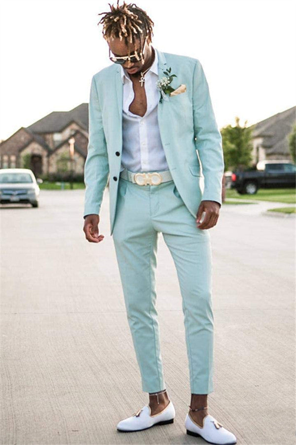 Mint Green Slim-Fit Mens Suits Groomsmen Wear Two Pieces Notched Lapel Formal Prom Suit