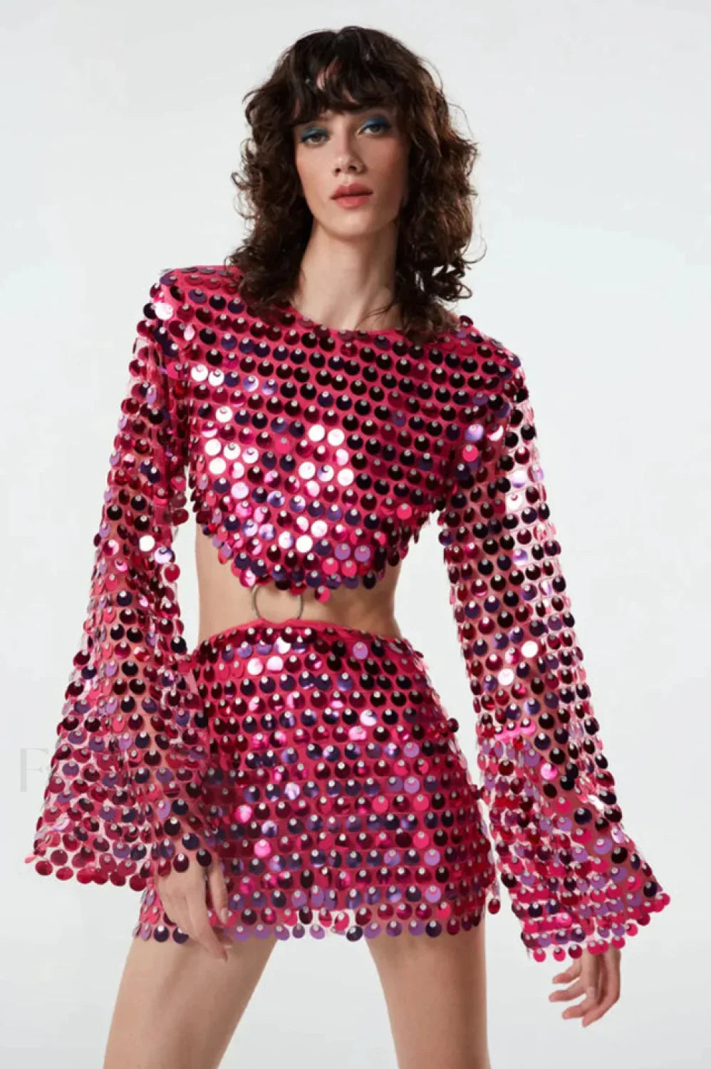 Mirror Embellished Elegant Cutout Dress S / Rosy