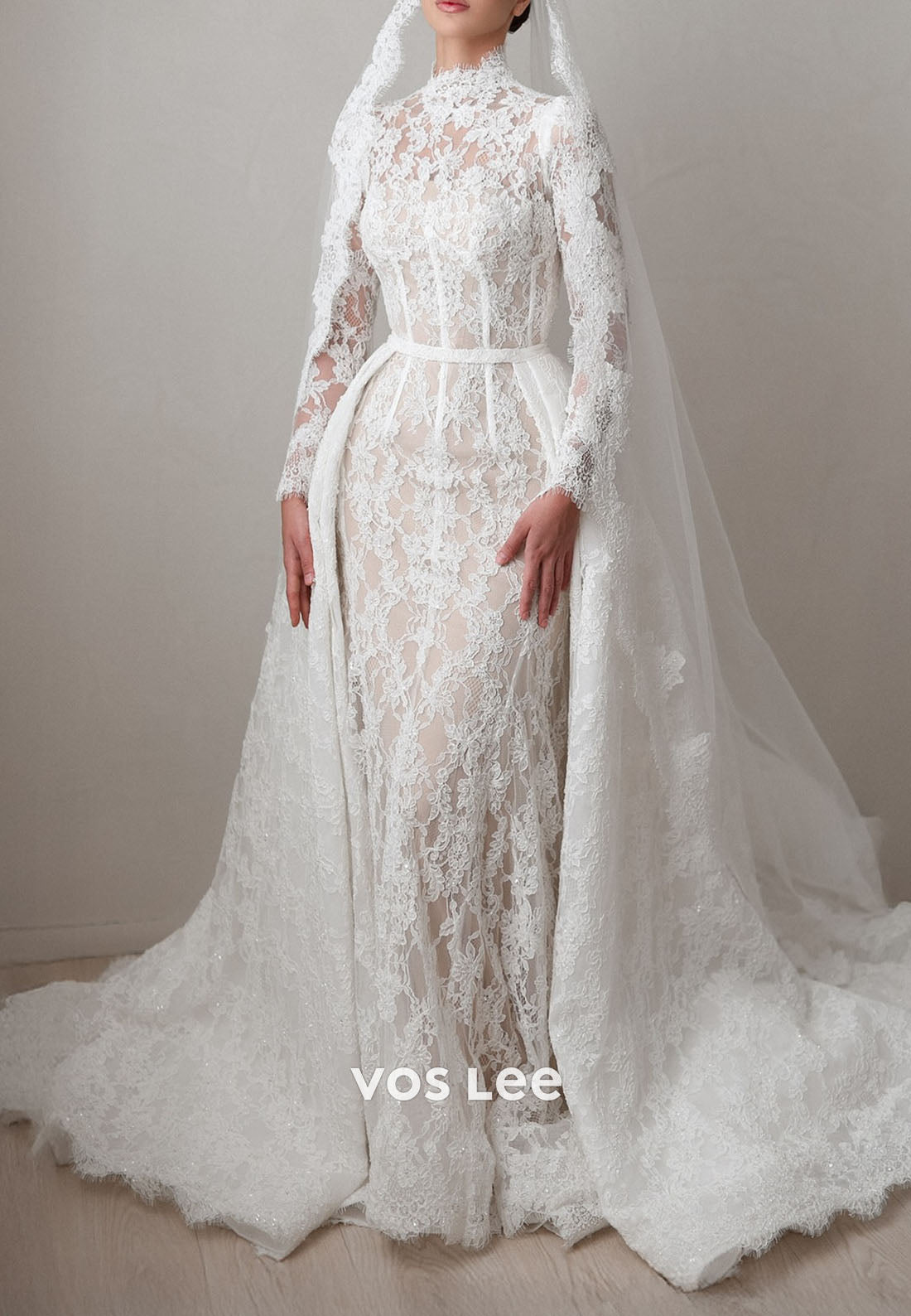Luxury High Neck Sheer Long Sleeve Floral Lace Mermaid Wedding Dress With Detachable Train