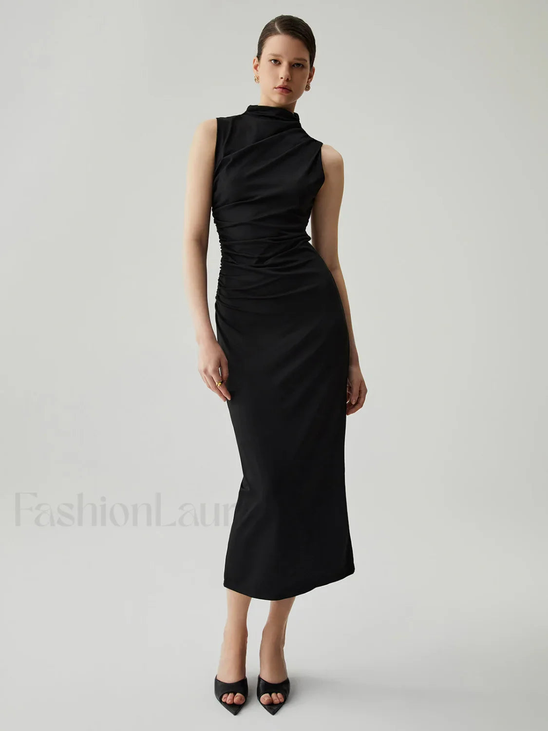 Mock Neck Sleeveless Trendy Split Ruched Long Dress