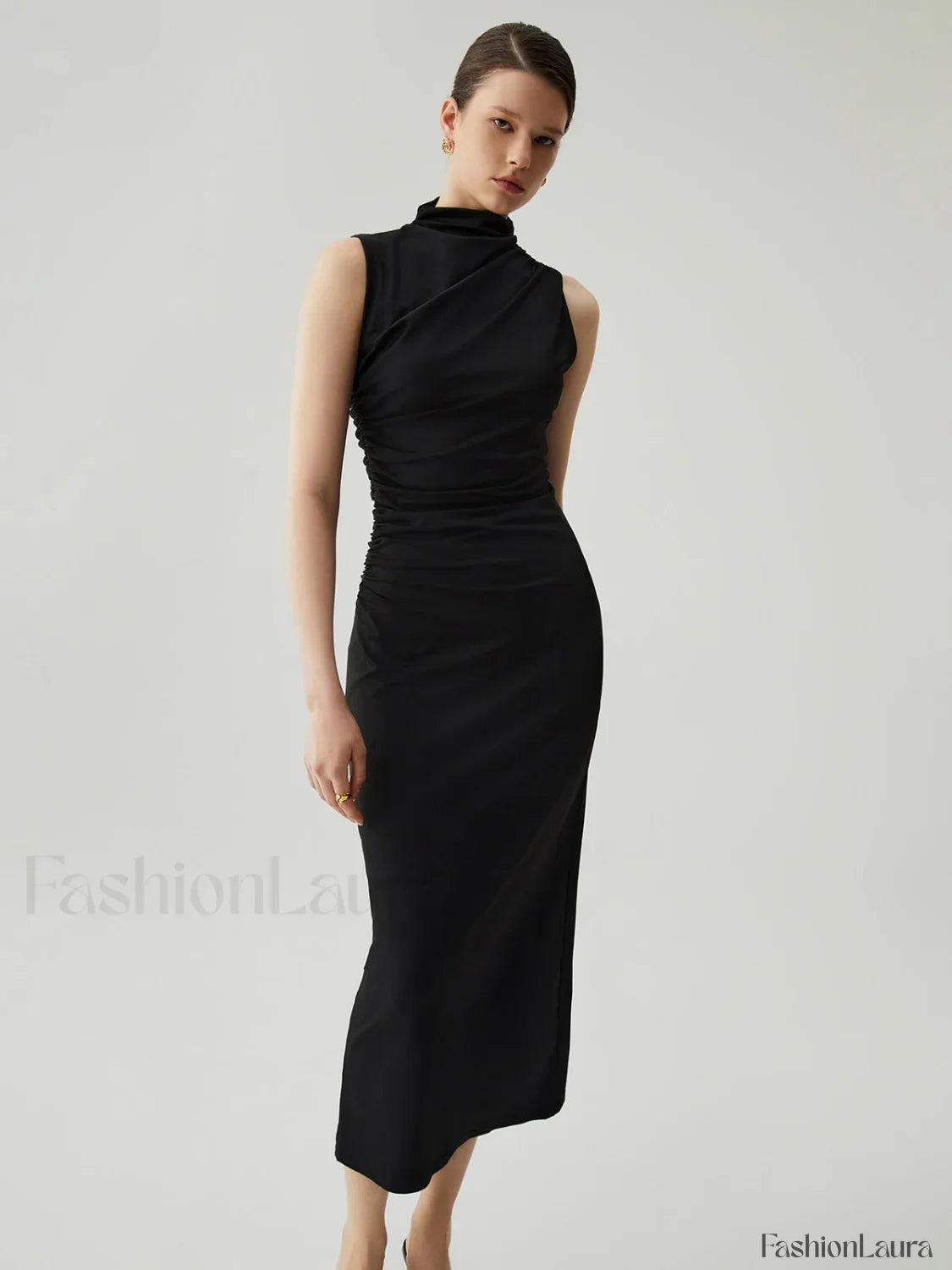 Mock Neck Sleeveless Trendy Split Ruched Long Dress