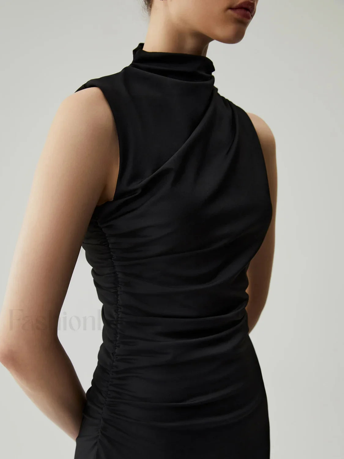 Mock Neck Sleeveless Trendy Split Ruched Long Dress