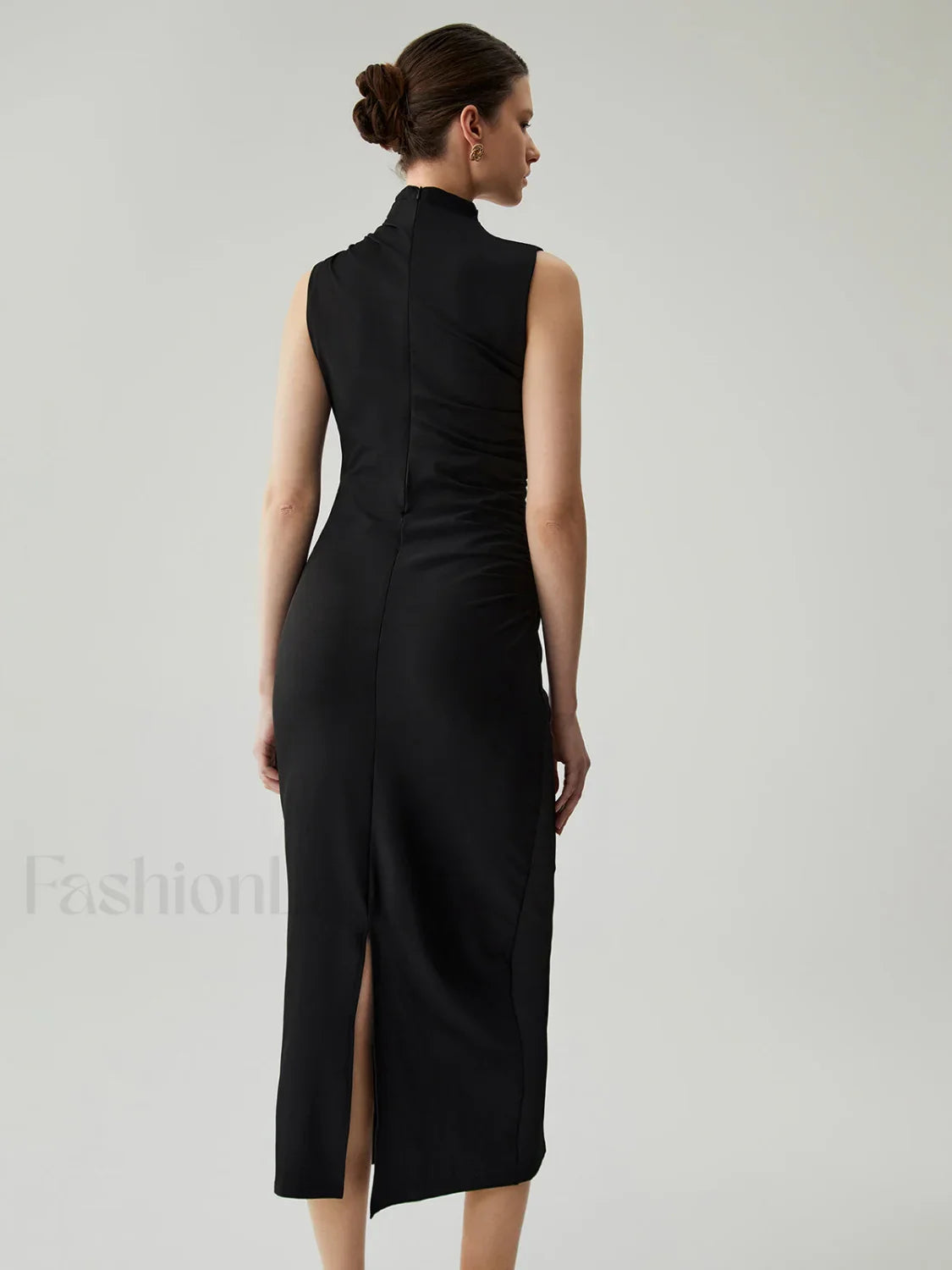Mock Neck Sleeveless Trendy Split Ruched Long Dress