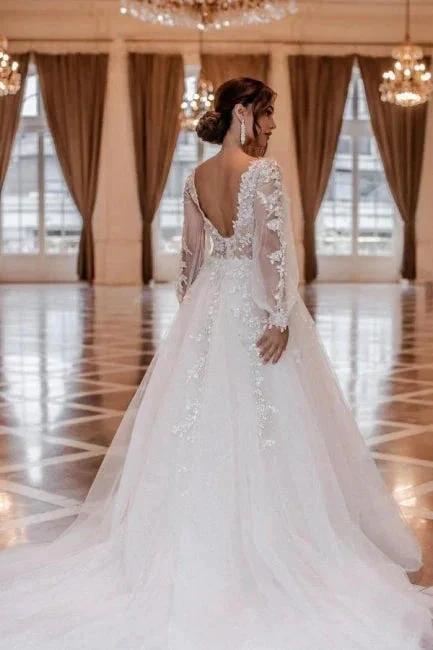 Modern A-line V-neck Lace Wedding Dresses With Long Sleeves (ZD16524) - View 2 | VelvetHem