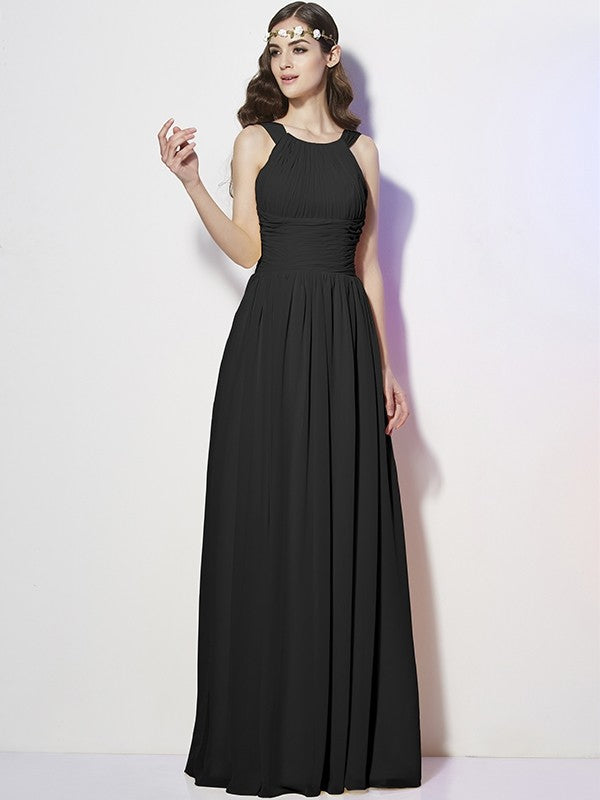 Modern Bateau Sleeveless Pleats Long Chiffon Bridesmaid Dresses