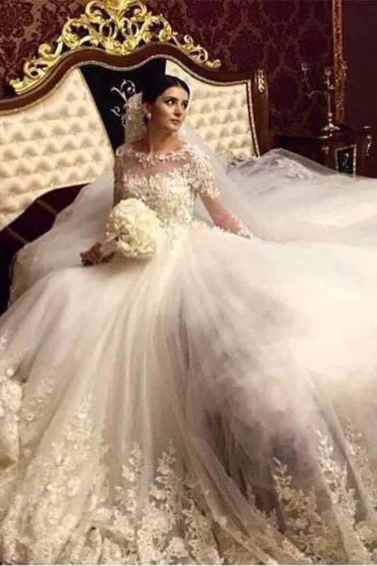 Modern Elegant Wedding Dress Stunning Long Appliques Sleeved Arabic Bridal Wears (ZD13792)