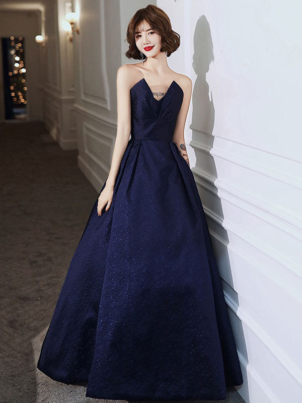 Modern Evening Dress A-Line Strapless Satin Fabric Floor-Length Pleated Social Party Dresses