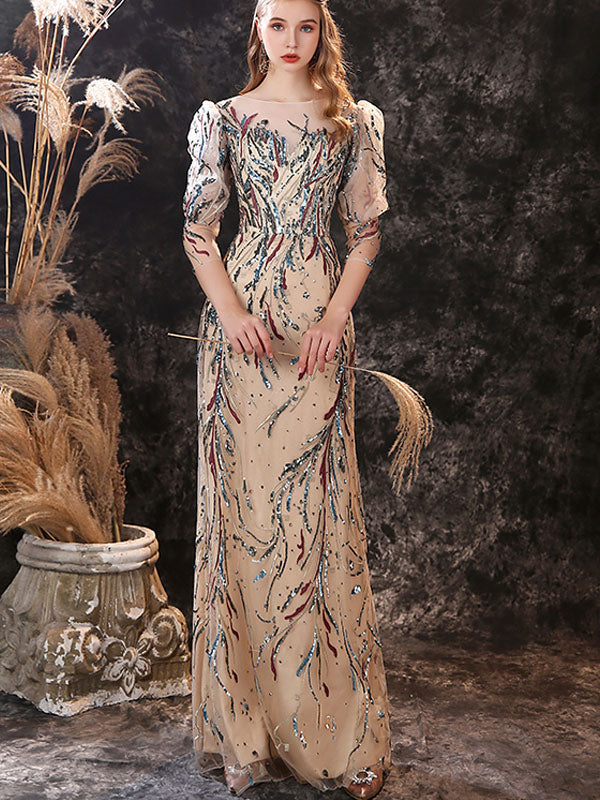 Modern Evening Dress Sheath Jewel Neck Lace Floor-Length Lace Formal Party Dresses