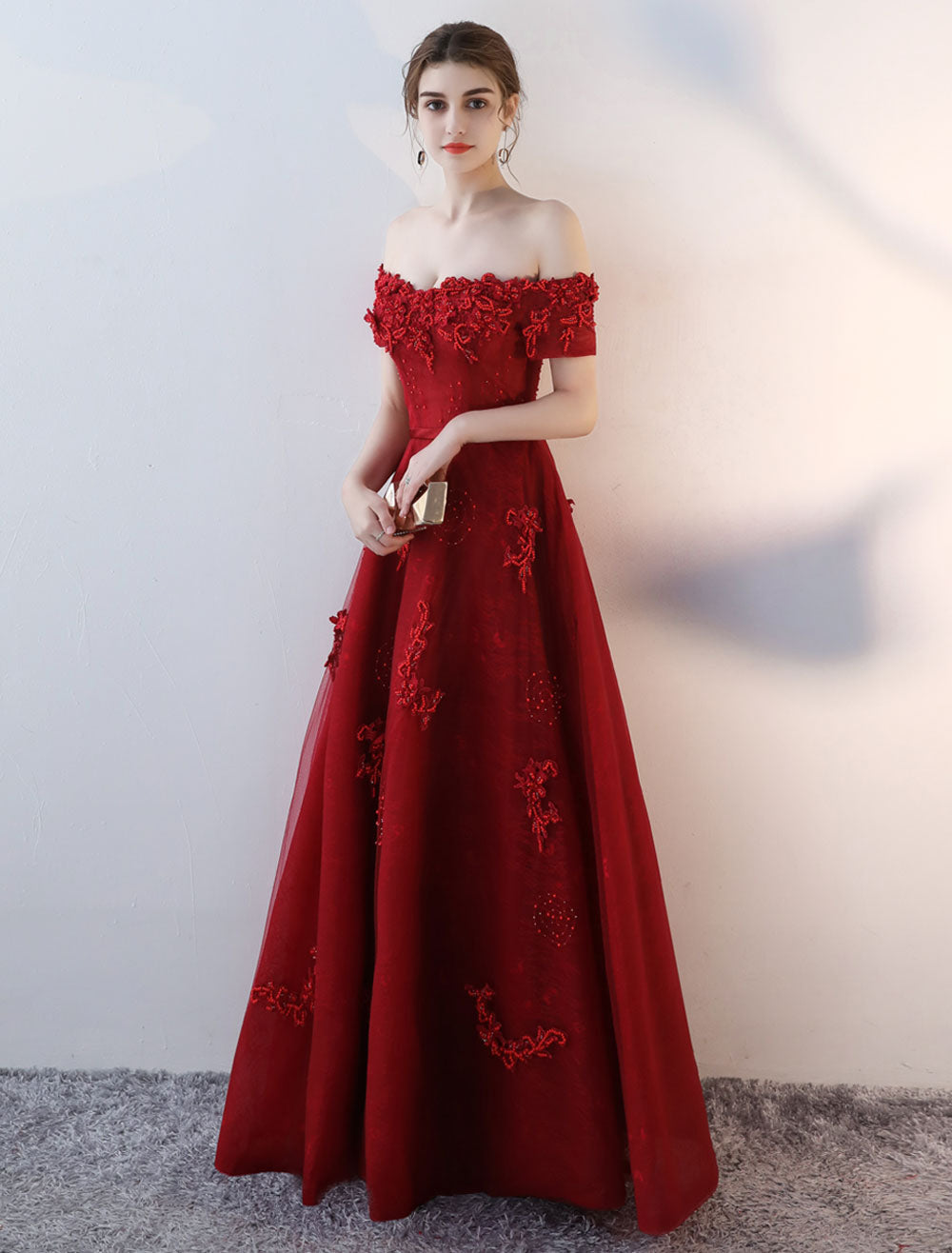 Modern Evening Dresses Long Burgundy Off-the-Shoulder evening dress Lace Applique Heavy Beading Sash Floor-Length Formal Evening Dress